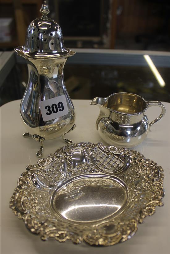 Silver sifter, cream jug & bonbon dish